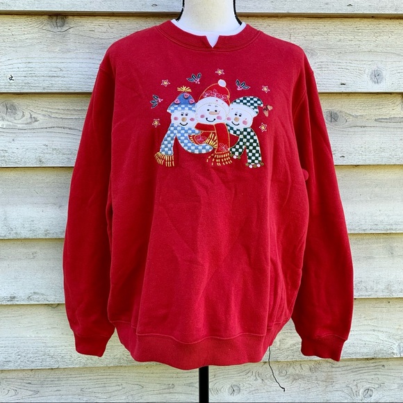 Vintage 90s Red Felt Snowman Appliqué Graphic Crewneck Ugly Christmas Sweatshirt - Picture 1 of 16